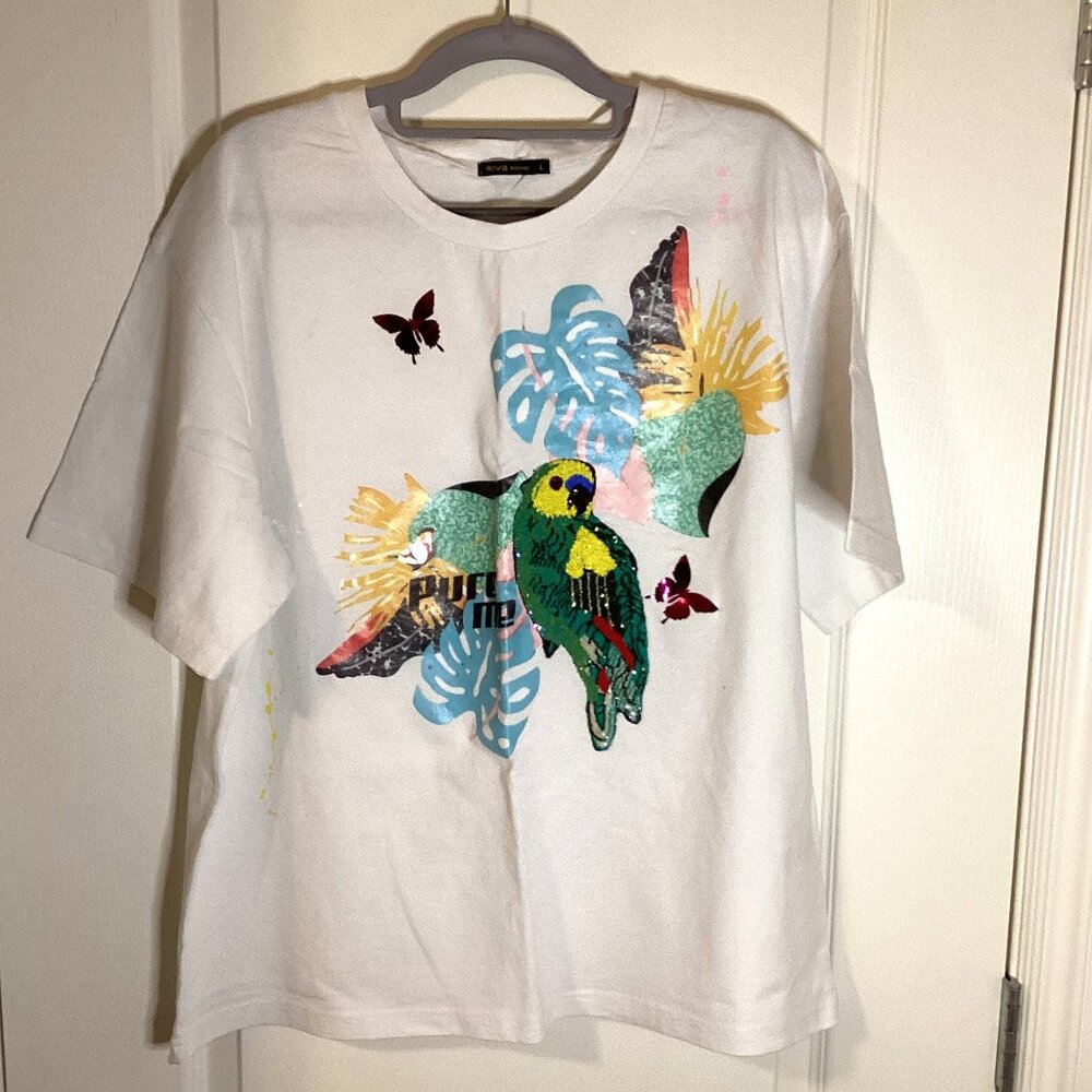 RIVA Women’s White T-Shirt Tee Top Size L With Parrot Tropical Summer Vacation